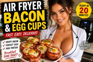 Crispy air fryer bacon and egg cups served on a plate with a smiling female chef in a modern kitchen.