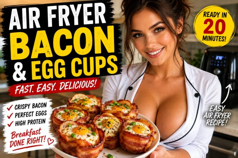 Crispy air fryer bacon and egg cups served on a plate with a smiling female chef in a modern kitchen.