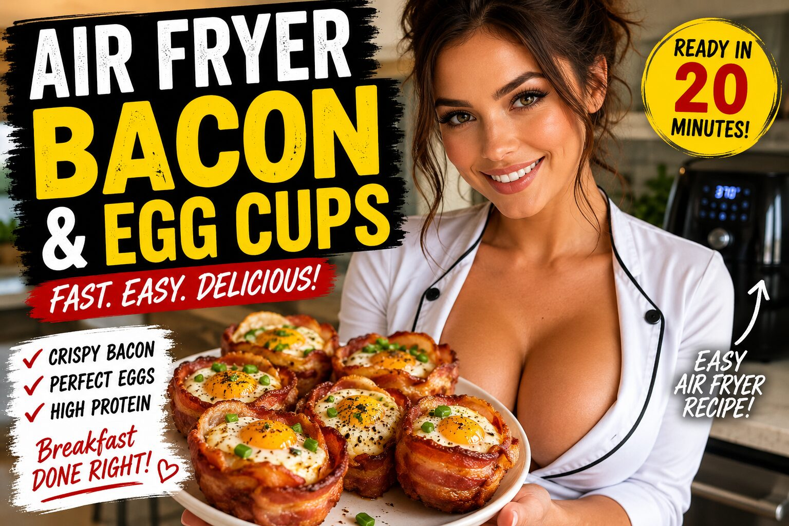 Crispy air fryer bacon and egg cups served on a plate with a smiling female chef in a modern kitchen.