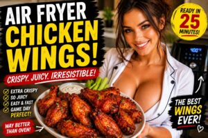Plate of crispy golden air fryer chicken wings with dipping sauce and smiling female chef in kitchen.