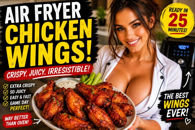 Plate of crispy golden air fryer chicken wings with dipping sauce and smiling female chef in kitchen.