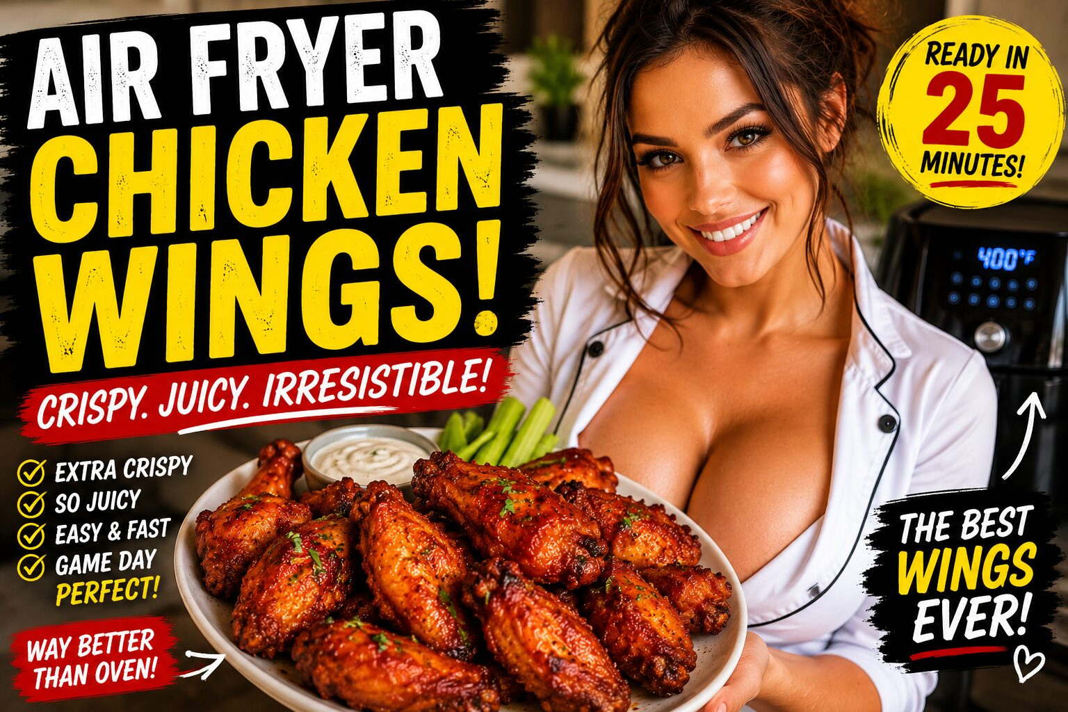Plate of crispy golden air fryer chicken wings with dipping sauce and smiling female chef in kitchen.